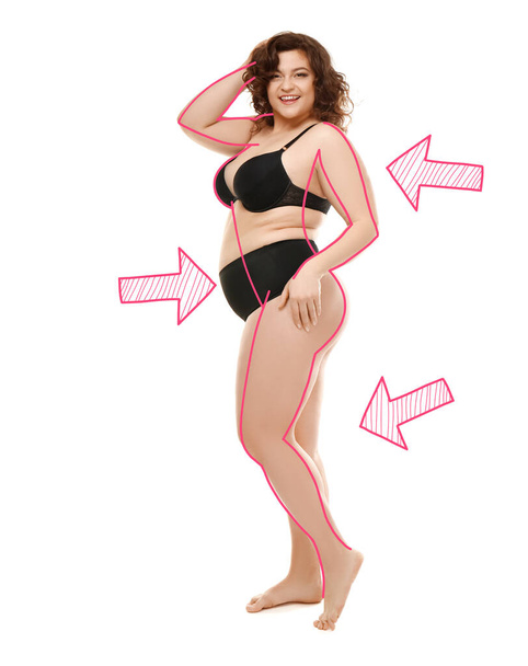 Donna sovrappeso con contorni di forma sottile isolato su bianco - Foto, immagini
