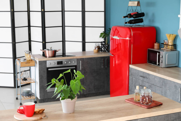 Інтер'єр стильної кухні з червоним холодильником, лічильниками і складним екраном
 - Фото, зображення