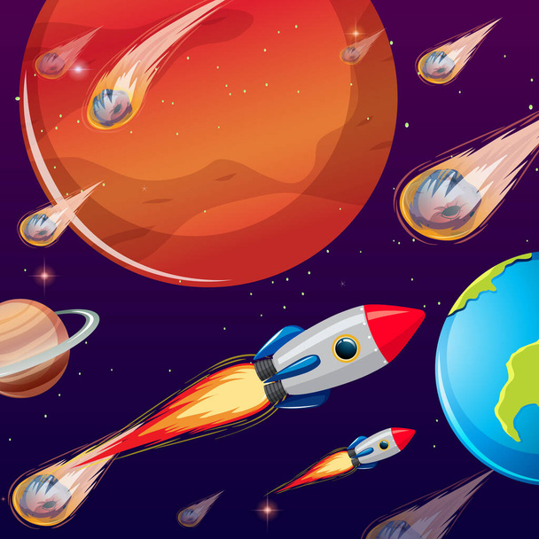 Outer space background with comets ad rockets illustration - Vector, imagen