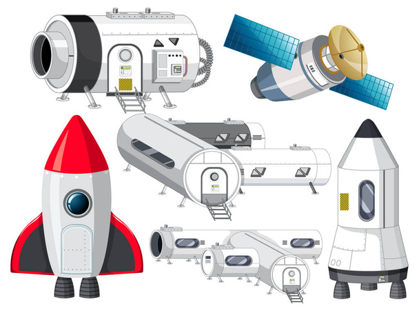 Set of spaceship and satellite objects illustration - Vector, Image