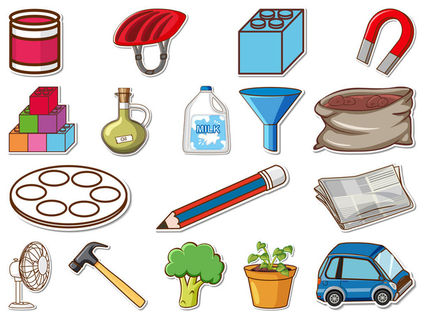 Etiqueta engomada conjunto de objetos diarios mixtos ilustración - Vector, imagen
