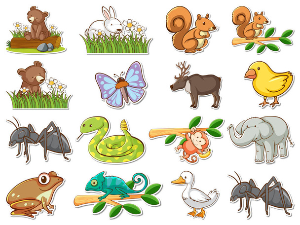 Sticker set of wild animals cartoon illustration - Vector, Image