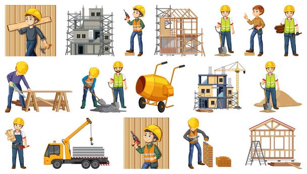 Set of construction site objects and workers illustration - Vektor, kép