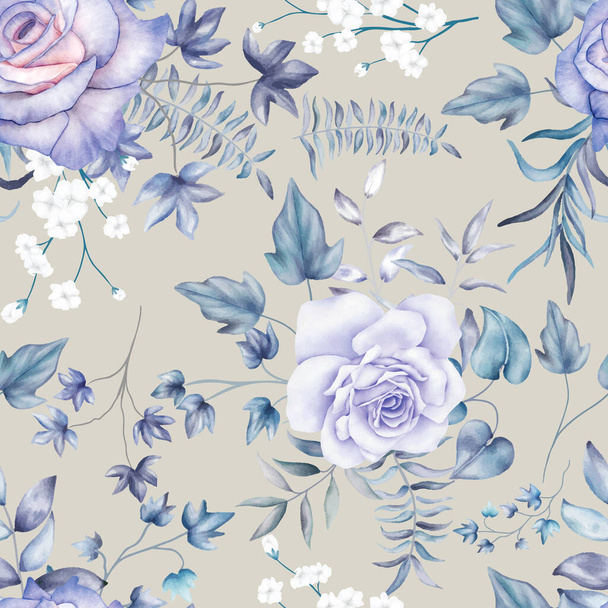 vintage seamless pattern watercolor floral and leaves - Vettoriali, immagini