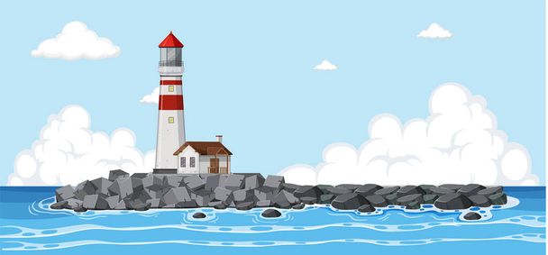 Leuchtturm auf der Insel mitten im Meer Illustration - Vektor, Bild