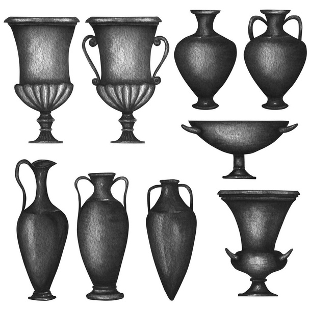 Ancient Greece Pottery set watercolor Antique Greek vases black jug. Old clay amphora, pot, urn, jar for wine, olive oil. Vintage ceramic icon isolated illustration - Foto, afbeelding