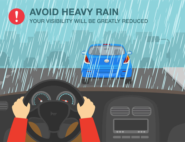 Safe driving rules and tips. Driving on a rainy and slippery road. Avoid heavy rain, your visibility will be greatly reduced. Hands driving steering wheel. Flat vector illustration template. - ベクター画像