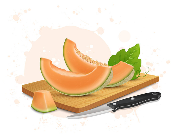 Ilustración vectorial de rodajas de melón con tabla de cortar de madera y cuchillo afilado - Vector, Imagen