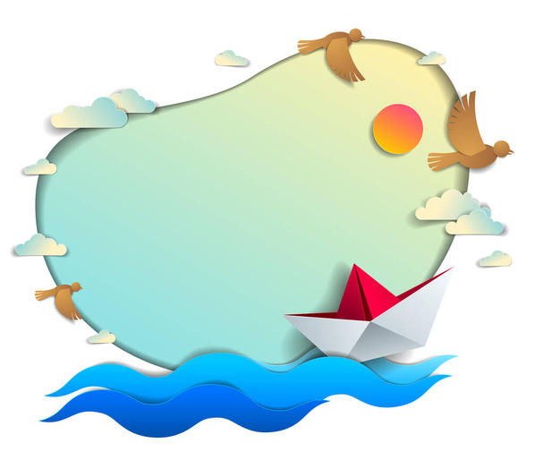 Paper ship swimming in the sea waves with beautiful beach and palms, frame or border with copy space, origami toy boat floating in the ocean, scenic seascape, birds and clouds in the sky, vector. - Вектор,изображение