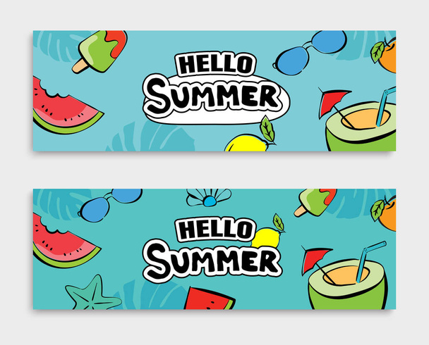 Hello nyári bannerek design kézzel rajzolt stílus. Nyár firkák és tárgyak elemek strand party háttér.  - Vektor, kép