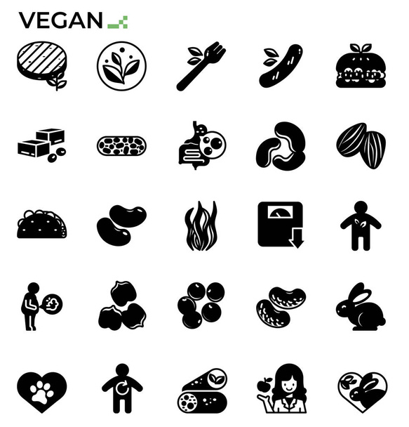 Wegańskie i wegetariańskie ikony zestaw do badania żywności i zdrowia, edukacja, strony internetowe, prezentacje, książki. - Wektor, obraz