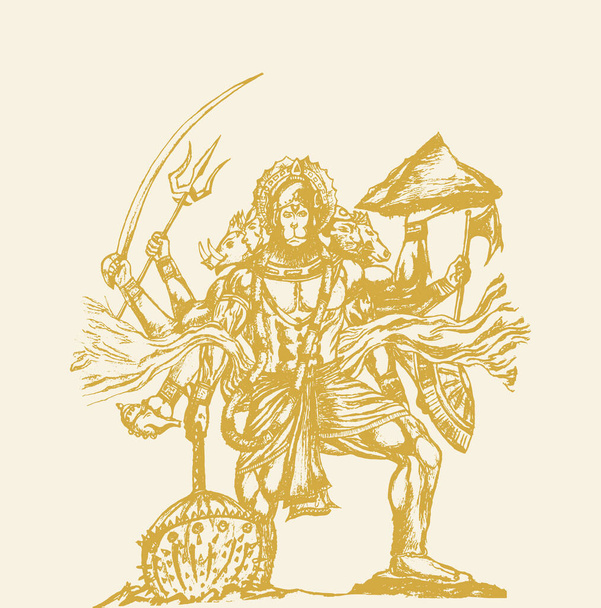 Drawing or Sketch of Hindu God Lord Hanuman silhouette and outline editable illustration - Vector, Imagen