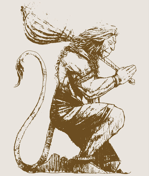 Drawing or Sketch of Hindu God Lord Hanuman silhouette and outline editable illustration - Вектор, зображення