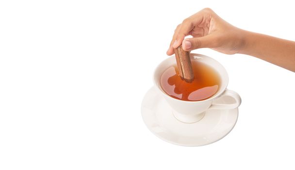 Female Hand With A Cup Of Tea and Cinnamon Stick - Fotó, kép