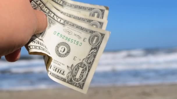 Deniz ve deniz dalgalarının arka planında üç dolarlık banknot tutan kişi - Video, Çekim