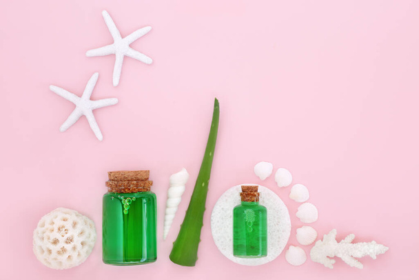 Aloe vera herb skincare natural skin care for healthy plant based treatment. Herbal gel bottles, leaf, cosmetic sponge and decorative sea shells.  On pastel pink background with copy space. - Valokuva, kuva