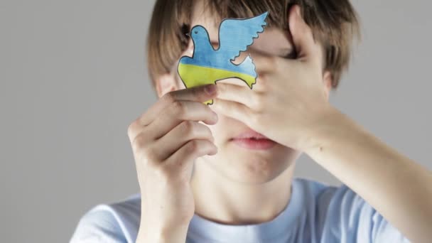 Kavkazský chlapec zavře tvář a ukáže holuba svobody. - Záběry, video