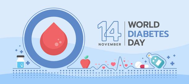 wereld diabetes dag - abstracte lijn grens rollen rond druppel bloed in blauwe cirkel teken en hartslag golf met drugs gerelateerd aan diabetes rond vector ontwerp - Vector, afbeelding