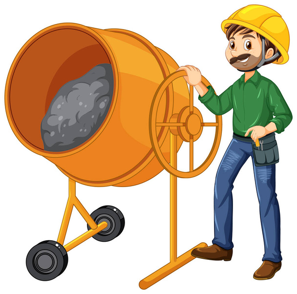 Tambor de mistura de concreto com uma ilustração de trabalhador - Vetor, Imagem