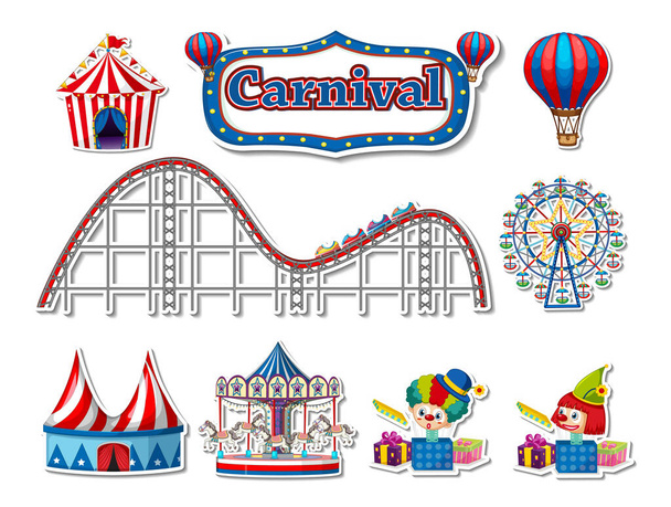 Sticker set of amusement park objects and cartoon characters illustration - Vektori, kuva