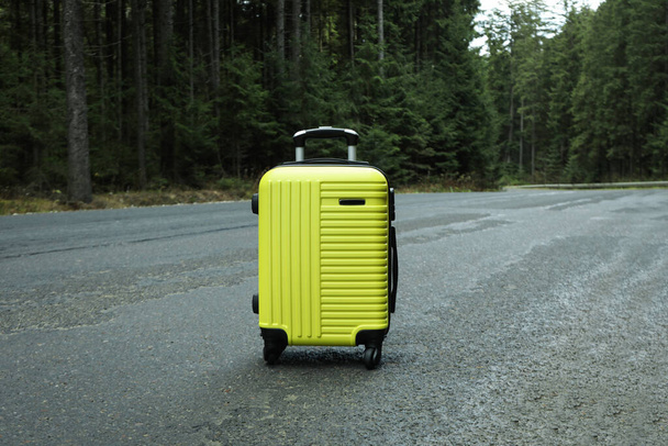 Περιπέτεια και τουρισμός έννοια, βαλίτσα στέκεται στο δρόμο κοντά στο δάσος - Φωτογραφία, εικόνα