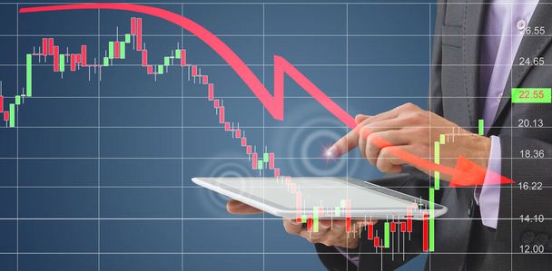 Office man finger touch hud, virtual screen with stock market changes, business candlesticks graph chart. Double exposure of lines, growing numbers, online trading - Photo, Image