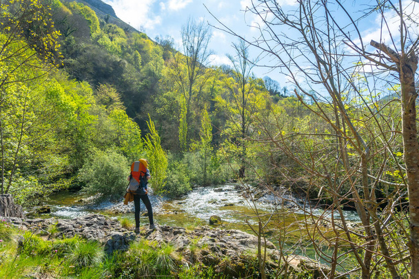 A young mother with a backpack looking at the Sella river between the Tornin to the Olla de San Vicente, near Cangas de Onis. Asturias. Spain - Photo, image