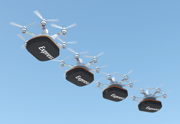 Rangée de drones transportant des conteneurs pour un concept de livraison rapide
 - Photo, image