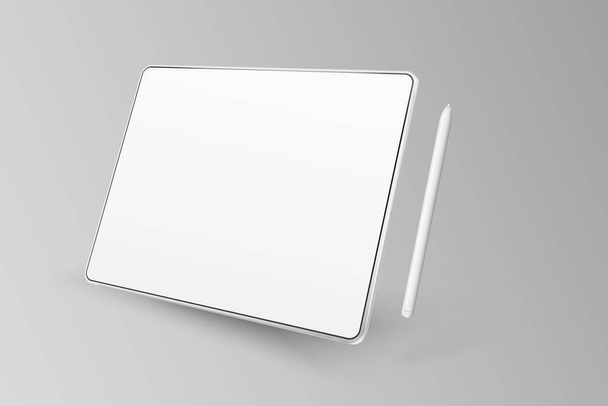 Empty tablet and pen on a light background. Device in perspective view. Tablet mockup from different angles. Illustration of device 3d screen - ベクター画像