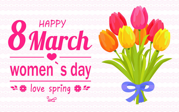 Banner for International Womens Day. Flyer for March 8 with tulips. Spring holiday greeting card - Vector, Image