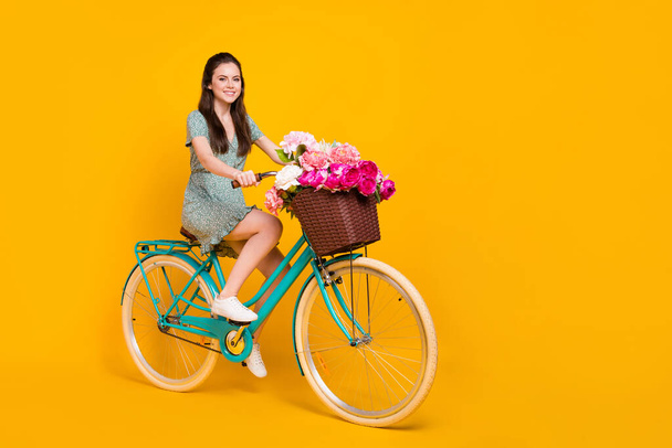 Photo of pretty shiny lady dressed green dress driving cycle pink bunch empty space isolated yellow color background - Fotó, kép