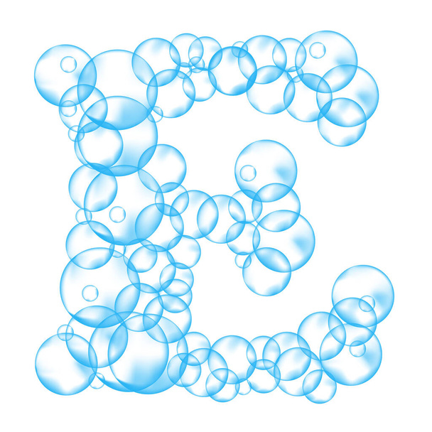 Alphabet of soap bubbles. Water suds letter E. Realistic vector font isolated on white background - Vector, Image