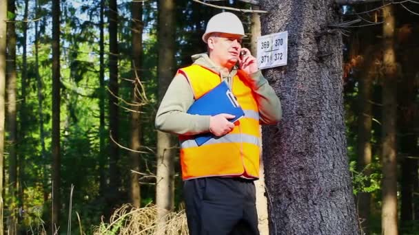 Metsuri puhuu matkapuhelimella lähellä merkittyä puuta metsässä
 - Materiaali, video