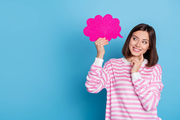 Photo of cute millennial brunette lady think wear sweater isolated on blue background - Foto, imagen