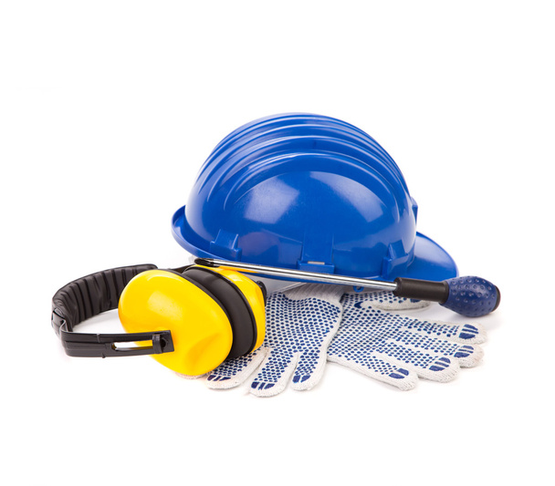 Blue hard head gloves and tools - Fotó, kép