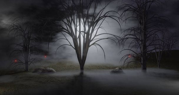 Glowing red eyes and spooky shadows in misty moonlit forest. 3d rendering. - Foto, Imagen