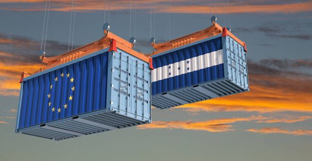 Cargo containers with European Union and Honduras flags. 3D Rendering - Fotografie, Obrázek
