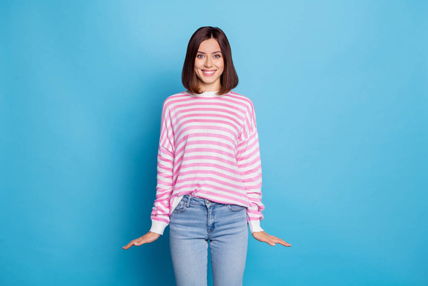 Photo of nice brunette young lady wear shirt jeans isolated on blue color background - Φωτογραφία, εικόνα