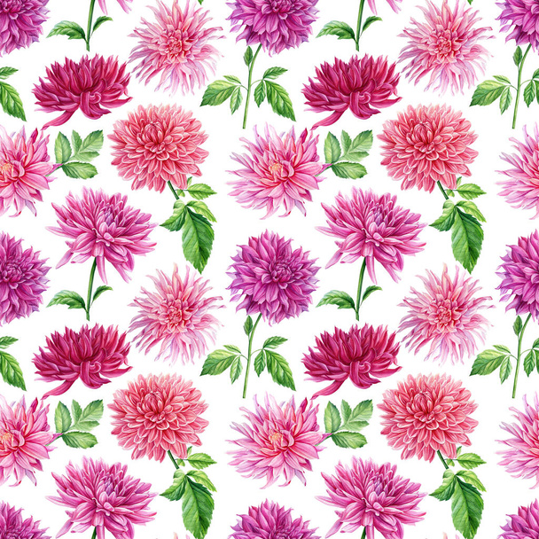 Dahlia flowers, branches of roses and leaves. Watercolor floral Seamless patterns - Фото, зображення