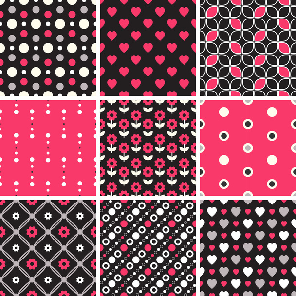 Vector seamless tiling patterns - geometric, polka dot, hearts - Vetor, Imagem