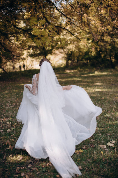 bride in a wedding dress runs in nature - Foto, imagen