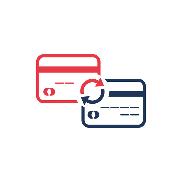 Cartões de crédito transferência de dinheiro com setas. Entre os cartões, contas de câmbio. conceito de banco fácil como pagamento seguro - Vetor, Imagem