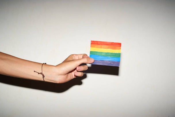 Mão com bandeira do orgulho arco-íris. Estilo retrô. - Foto, Imagem