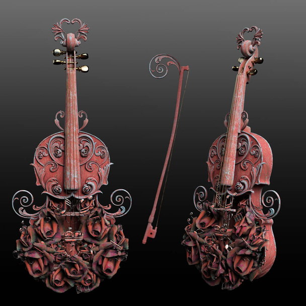 CGI Fantasy Vintage Violin and Bow with Rose Decoration - 写真・画像