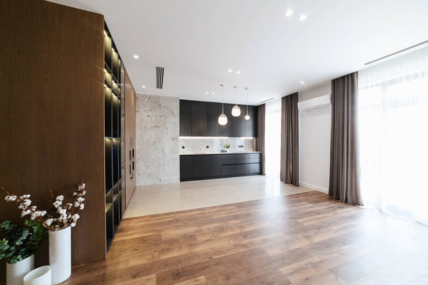 Modern interior design studio kitchen. Dark Kitchen Fassads - Foto, Imagen