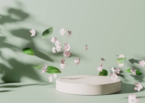 Podium with flying flowers and leaves on green background. Podium for product, cosmetic presentation. Mock up. Summer or spring mood, blossom. Pedestal, platform for beauty products. 3D rendering. - 写真・画像