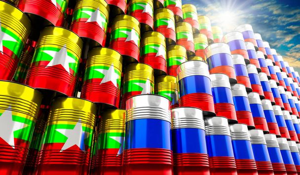Barili di petrolio con bandiere di Russia e Myanmar - Illustrazione 3D - Foto, immagini