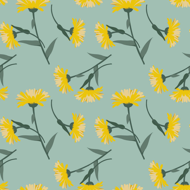 Seamless pattern, yellow echinacea flowers with leaves on a green background. Print, textile, decor for pastel linen, wallpaper - Vektor, kép