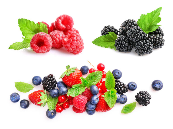 Set of different wild fresh berries isolated on white background - Photo, image