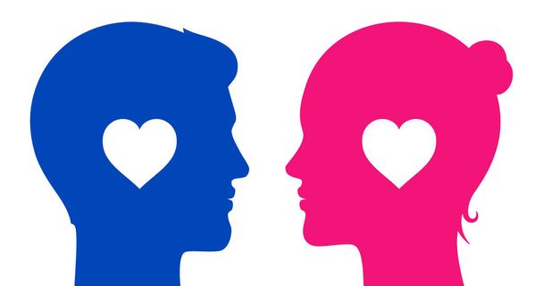 Romantisch koppel concept vector illustratie. Man en vrouw met hartpictogrammen, die elkaar aankijken. - Vector, afbeelding